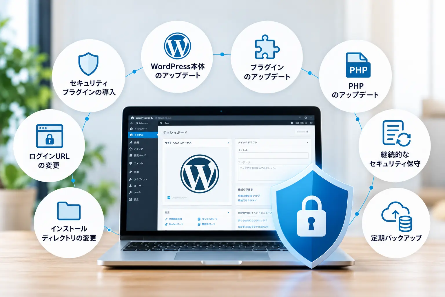 WordPressセキュリティ保守のインフォグラフィック：セキュリティプラグインの導入、WordPress本体・プラグイン・PHPのアップデート、ログインURLの変更、インストールディレクトリの変更、定期バックアップ、継続的なセキュリティ保守